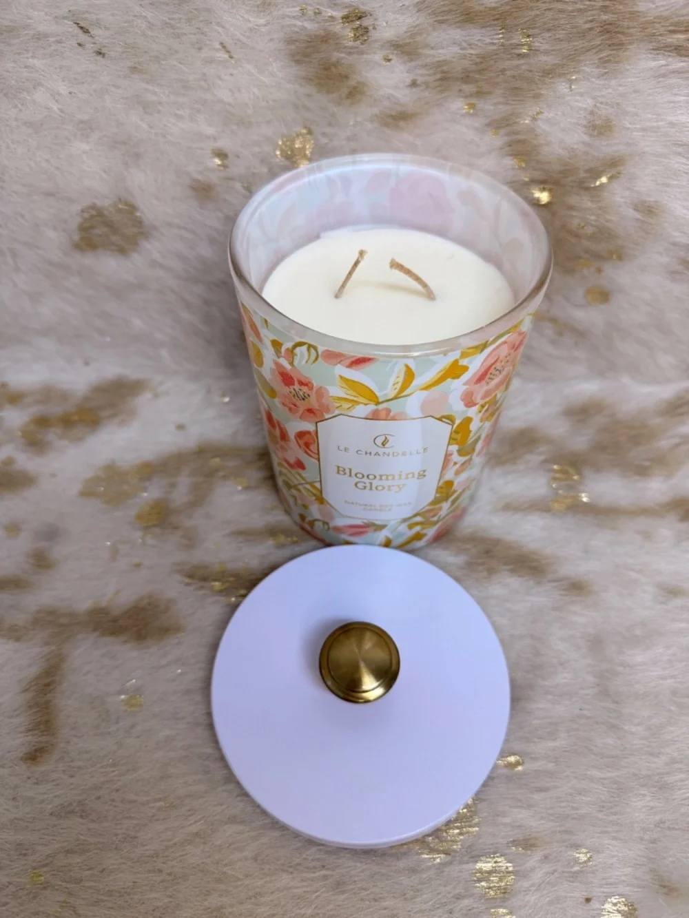 Le Chandelle Candle Morning Glory Natural Soy Wax Lid Knob Lt Floral Scent 16 oz